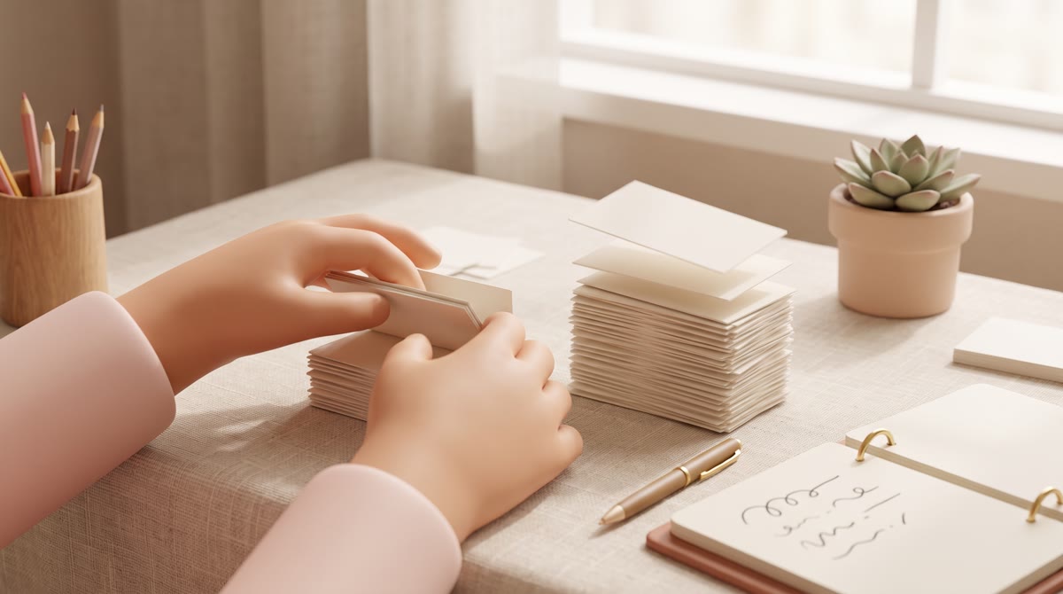 Close-up of two hands sorting a small stack of index cards into two uneven piles on a linen tableclo