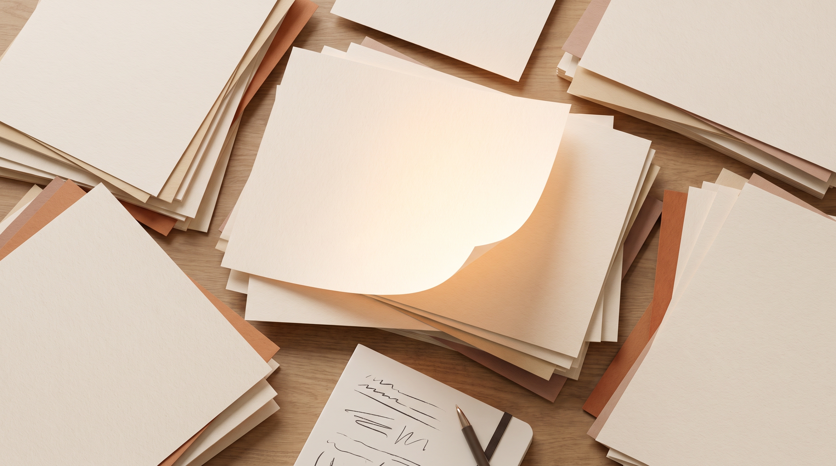 An abstract overhead composition of many stacked paper sheets in soft cream and brown tones, one she