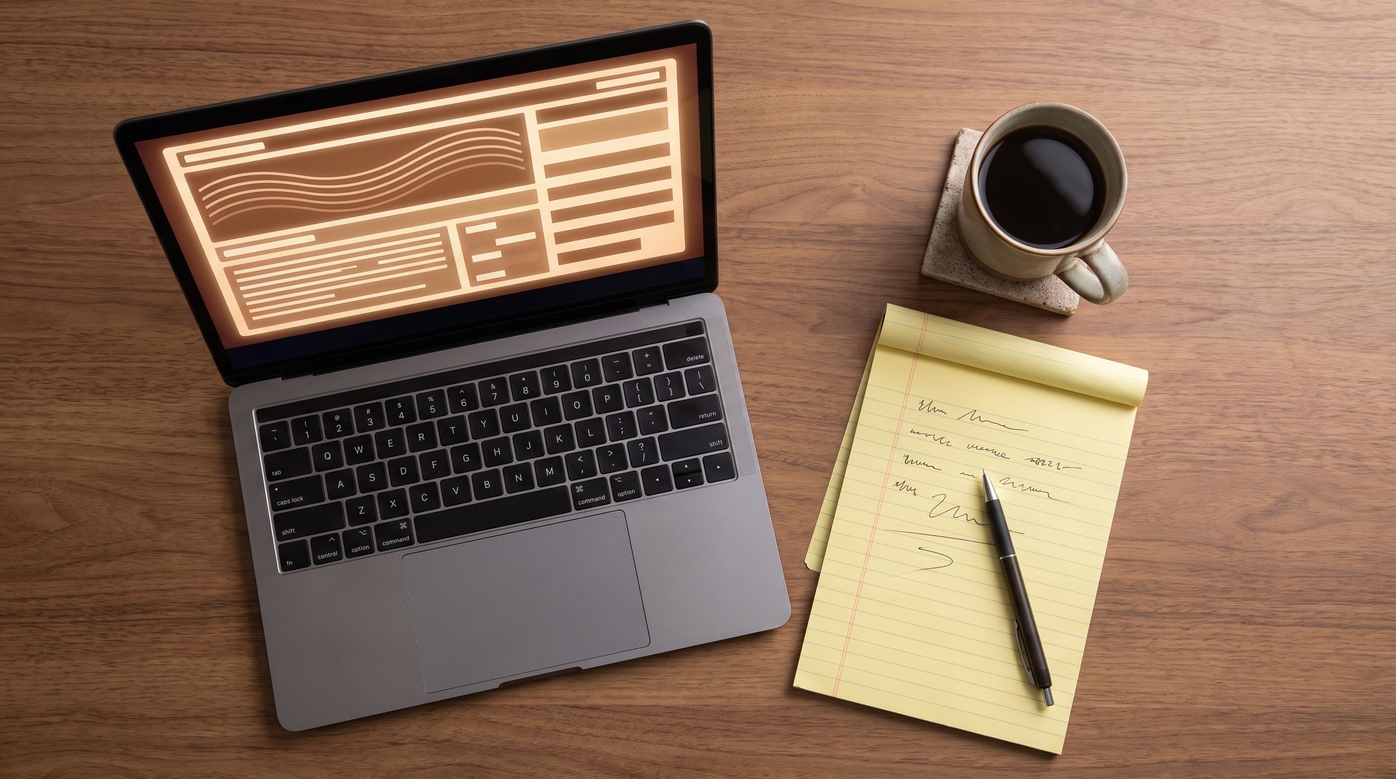 Overhead flat lay of a wooden desk with a laptop showing abstract placeholder lines, a legal pad, a 