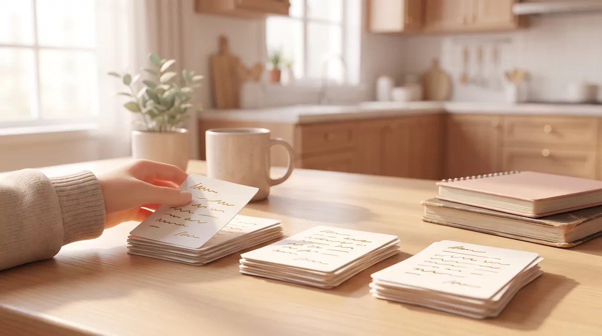 Close-up of a teenager's hands sorting handwritten index cards into three piles on a sunlit kitchen 
