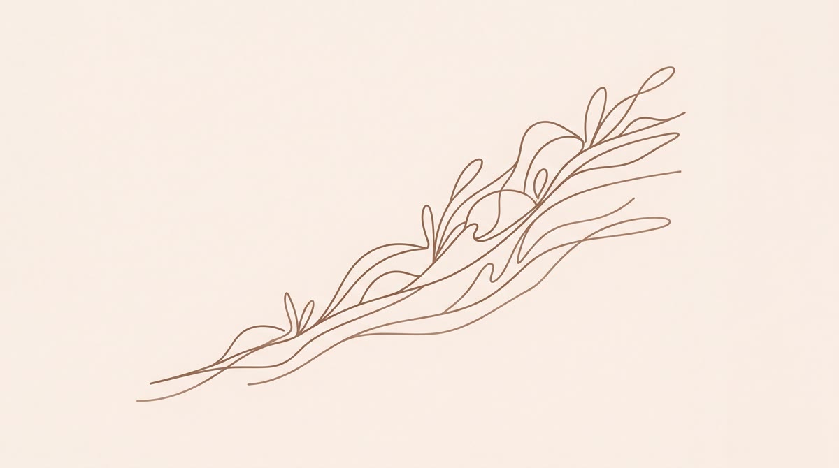 A minimalist line-art hillside rising from lower left to upper right, warm brown tones on a soft cre