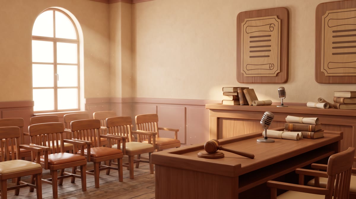 Interior of a university mock trial room, empty wooden chairs arranged in rows facing a raised bench