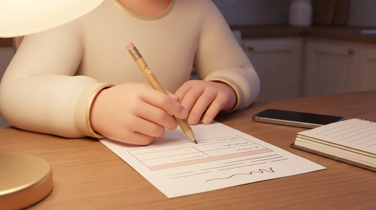Close-up of hands holding a chewed pencil above a half-filled paper form with abstract placeholder l