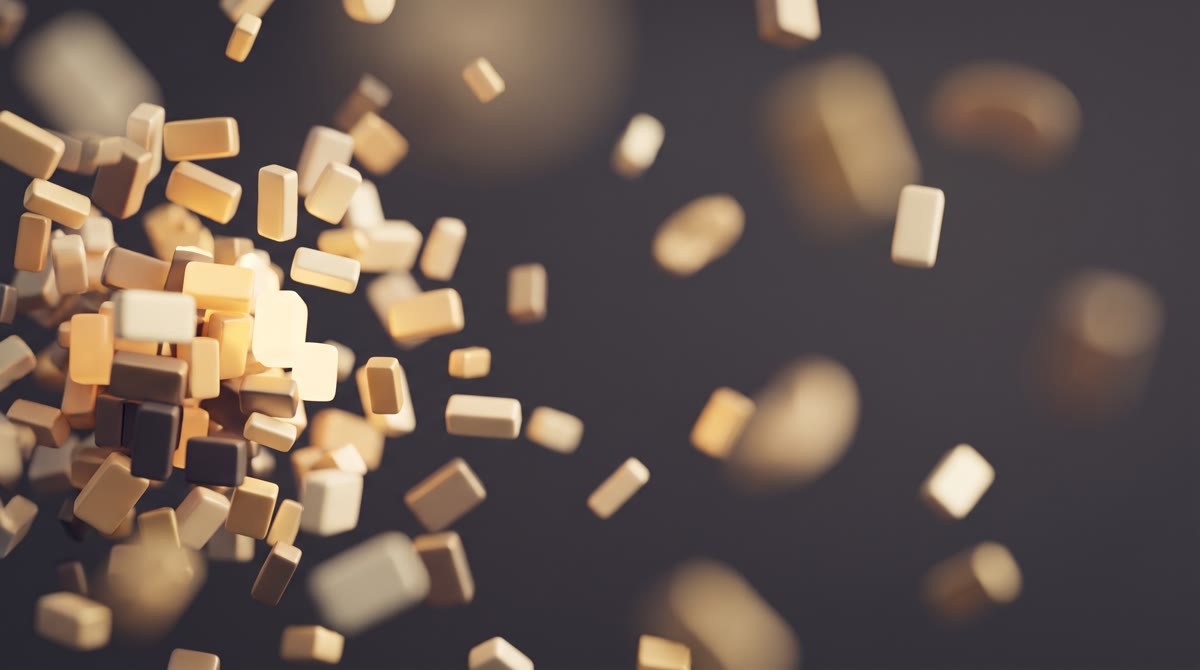 Abstract editorial composition on a dark charcoal background, a dense cluster of small warm-gold rec