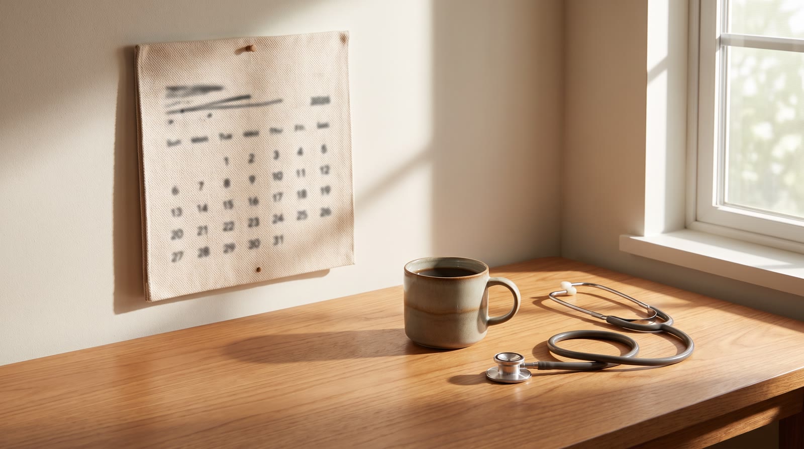 A wall calendar page with abstract placeholder marks, beside a coffee cup and stethoscope on a warm 