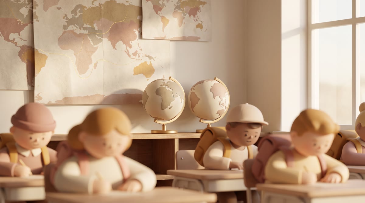 A classroom wall covered in overlapping physical wall maps and two globes on a shelf, students sligh