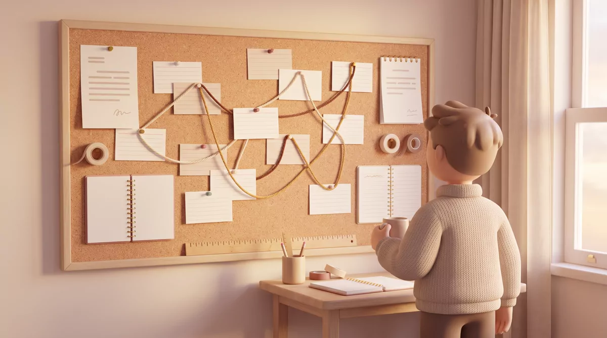 A corkboard on a bedroom wall covered in blank pinned index cards and colored yarn connecting them, 