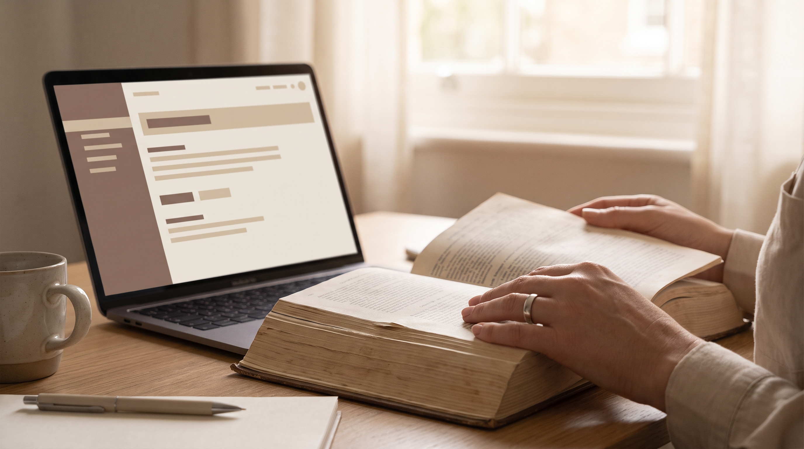 Close-up of hands turning pages of a thick casebook beside a laptop, soft natural light, muted brown