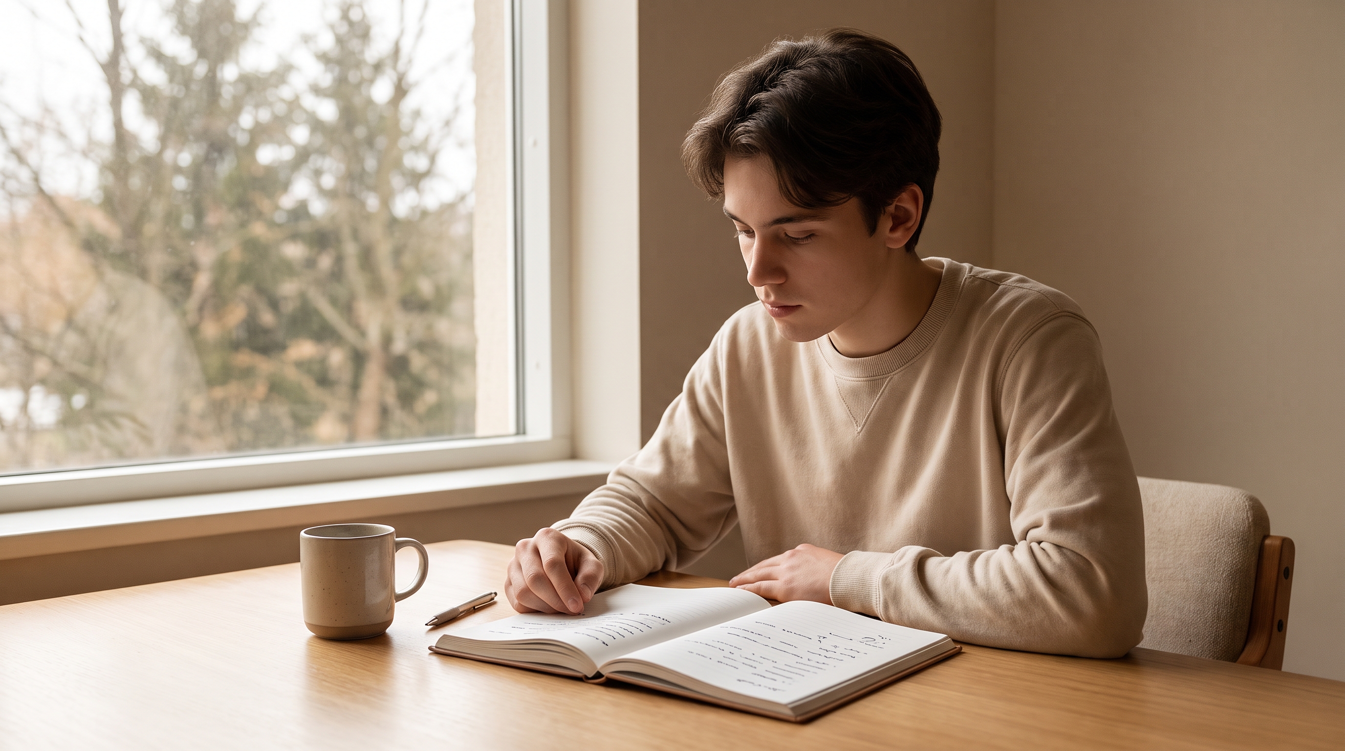 A student at a wooden desk near a bright window, warm neutral tones, thoughtfully reviewing an open 