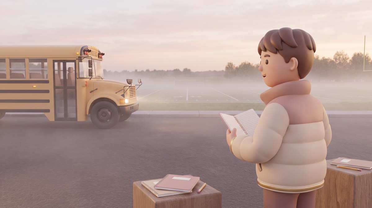 An empty rural high school parking lot at dawn, one yellow bus idling, low fog over a football field
