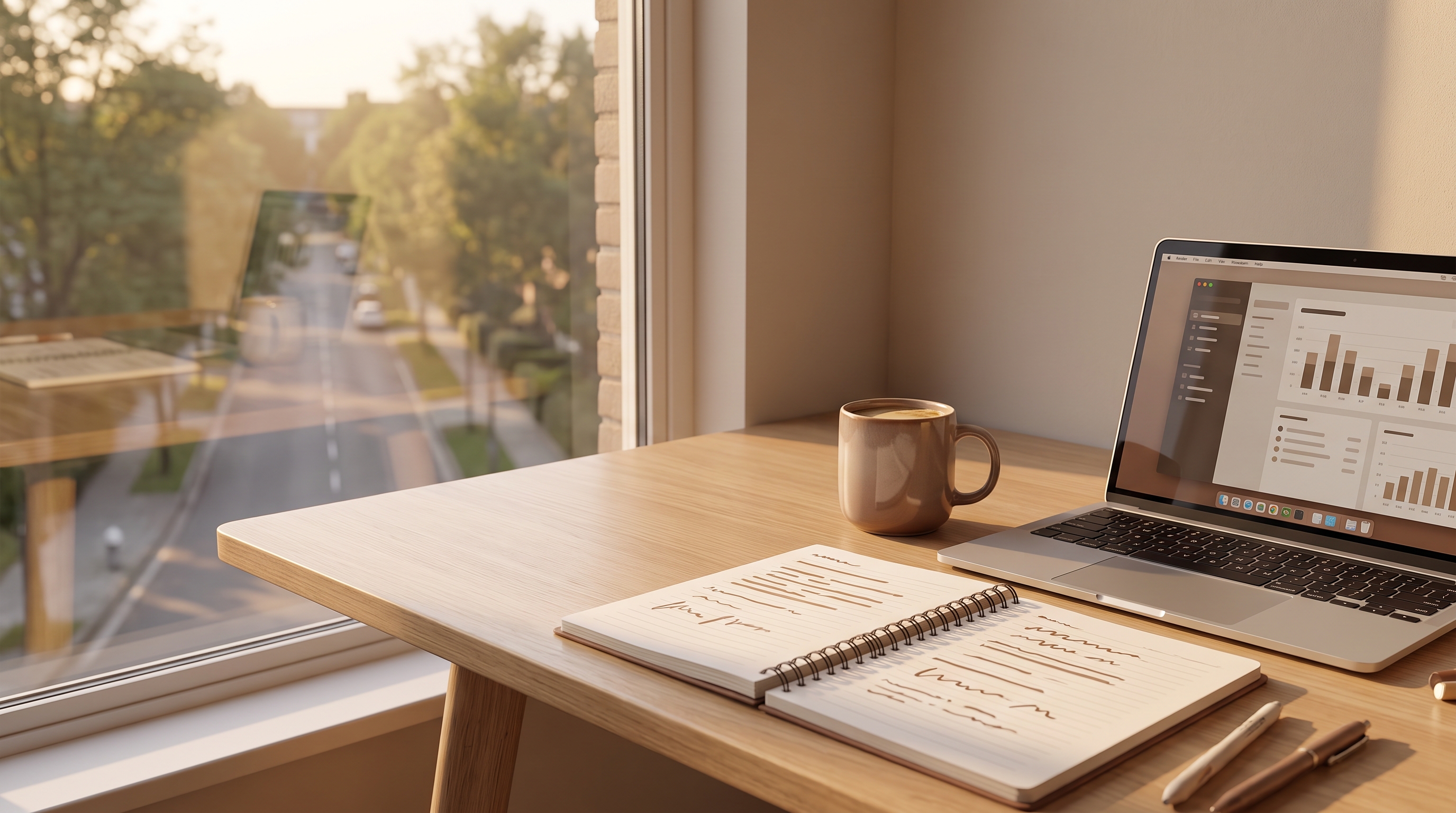 A tidy wooden desk near a window with an open notebook showing abstract placeholder lines, a laptop,