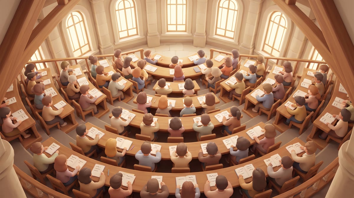 Overhead view of a packed university lecture hall, hundreds of students in tiered seats seen from ab