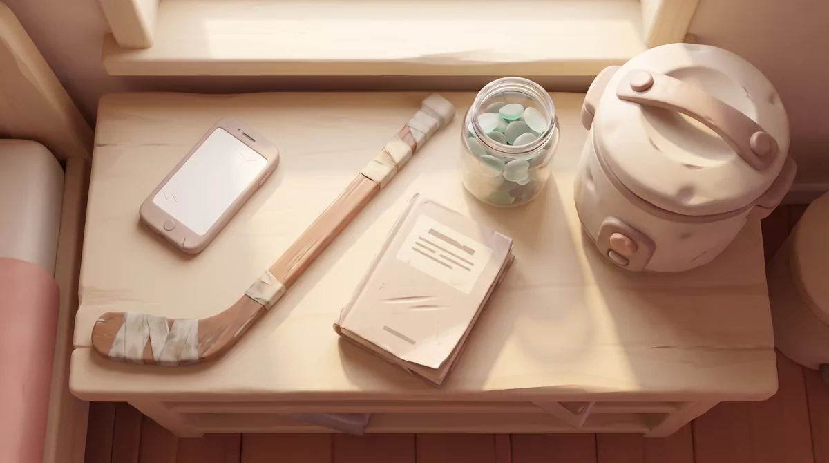 Overhead view of a cluttered teenage bedroom shelf: a cracked phone, a taped hockey stick, a worn pa