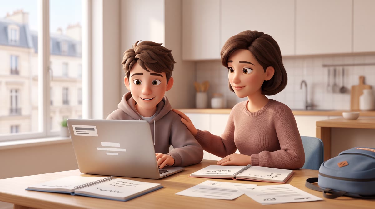 A parent and teenager sitting together at a kitchen table with a laptop and paperwork showing abstra
