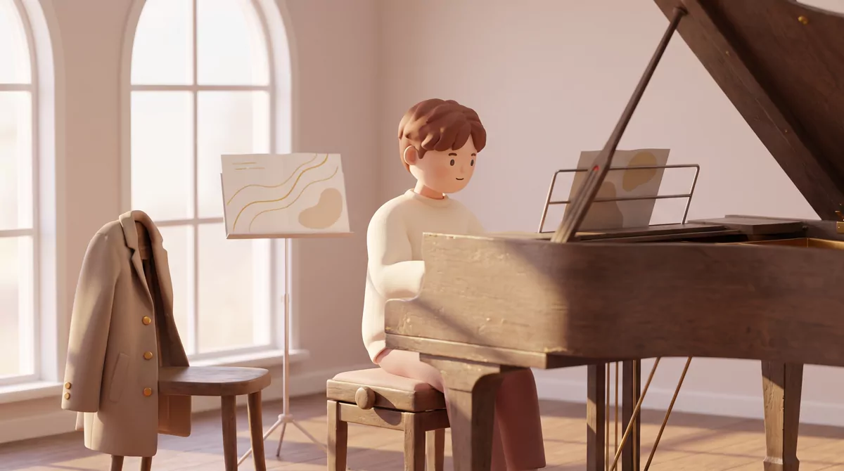 A dim practice room interior with a worn grand piano, a single window throwing late afternoon light 
