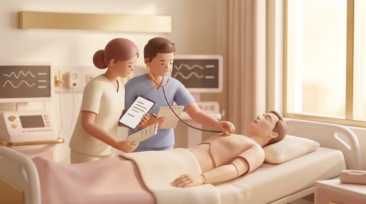 Two nursing students in scrubs practicing on a manikin in a bright university simulation lab, monito