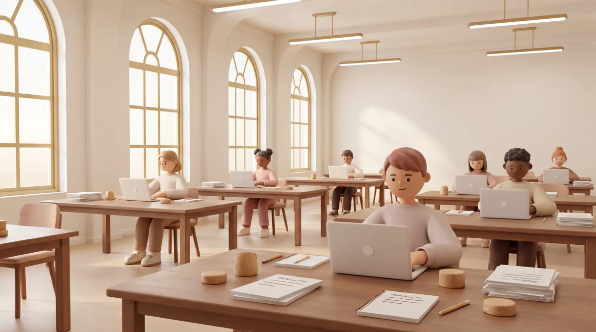 Wide shot of a quiet school testing room, rows of students at tables with laptops open, tall windows