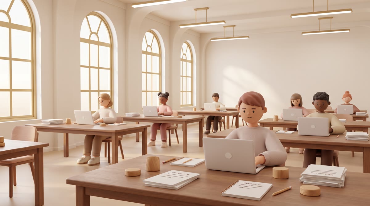 Wide shot of a quiet school testing room, rows of students at tables with laptops open, tall windows