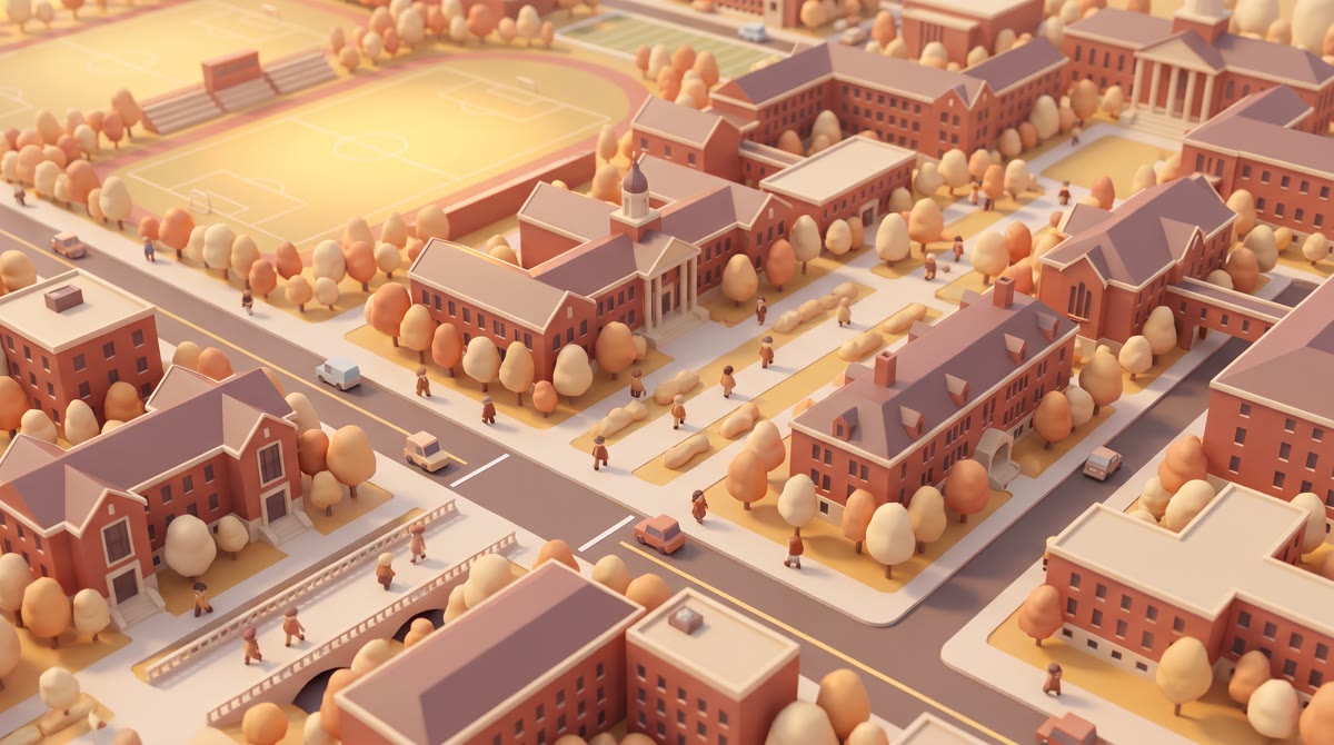 Aerial drone view of a sprawling Midwestern university campus in early autumn, red-brick rooftops, a