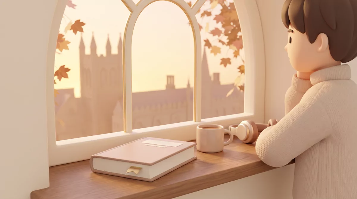 A dog-eared paperback face-down on a windowsill beside a half-full mug and a pair of headphones, lat