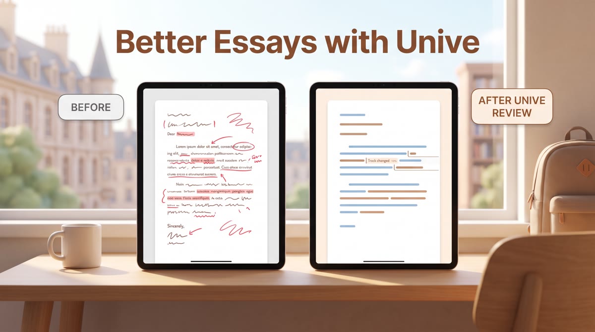 side-by-side comparison of a raw student essay draft and a Unive mentor-reviewed final version with 