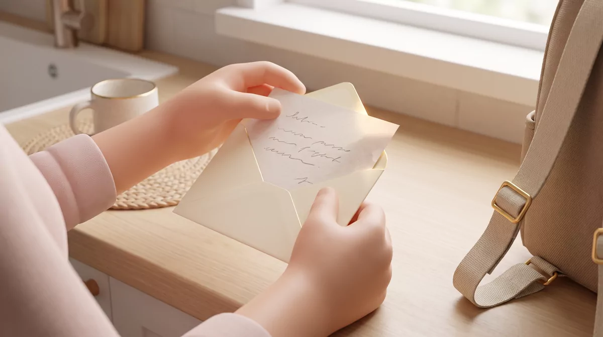 A handwritten thank-you card with soft illegible script lines being slipped into a cream envelope on