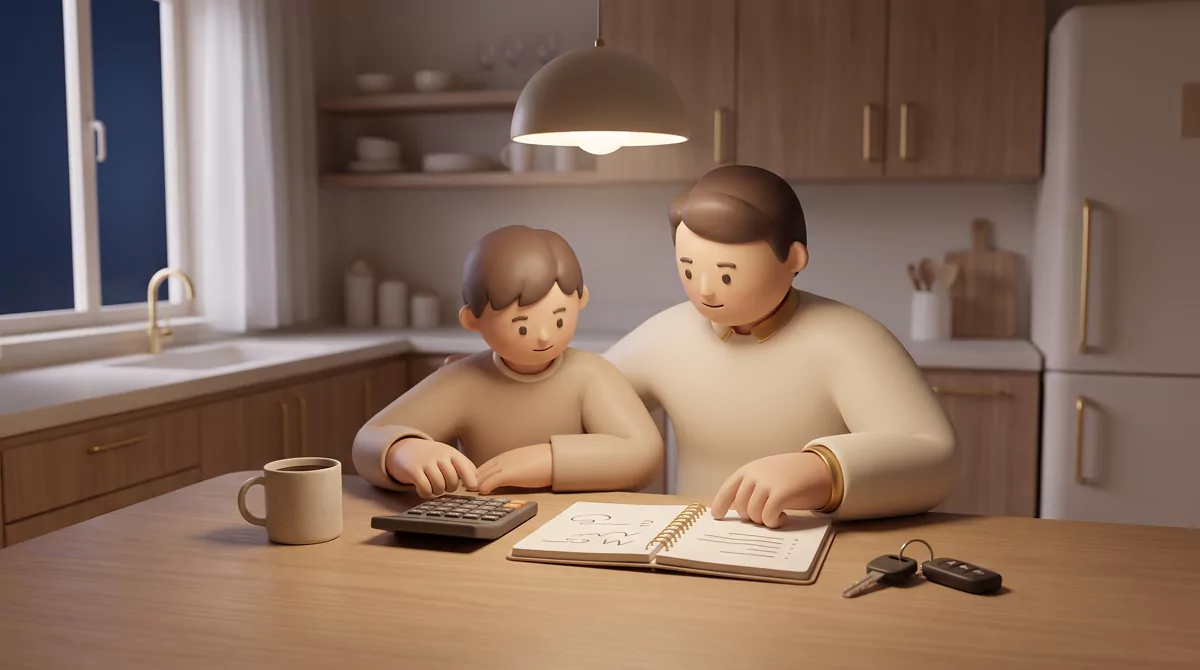 A warm-toned kitchen table at night with a calculator, a mug of coffee, an open notebook showing abs