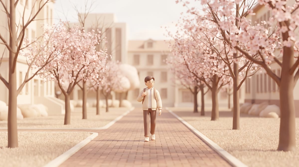 A student in a light jacket walking alone along a tree-lined brick pathway in early spring, backpack