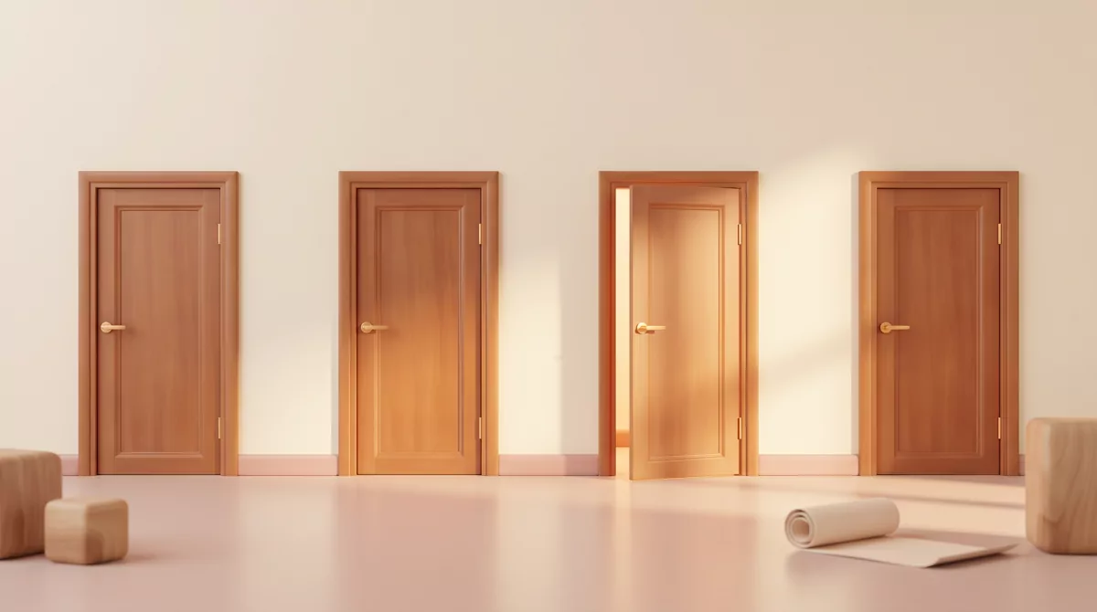 A warm-lit corridor with four identical wooden doors, one standing slightly ajar with light spilling