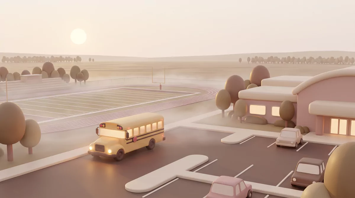An empty rural high school parking lot at dawn, one yellow bus idling, low fog over a football field