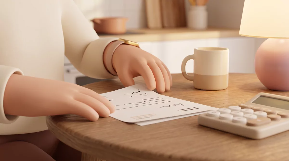 Two hands sliding a paper document with abstract placeholder lines across a wooden kitchen table bes