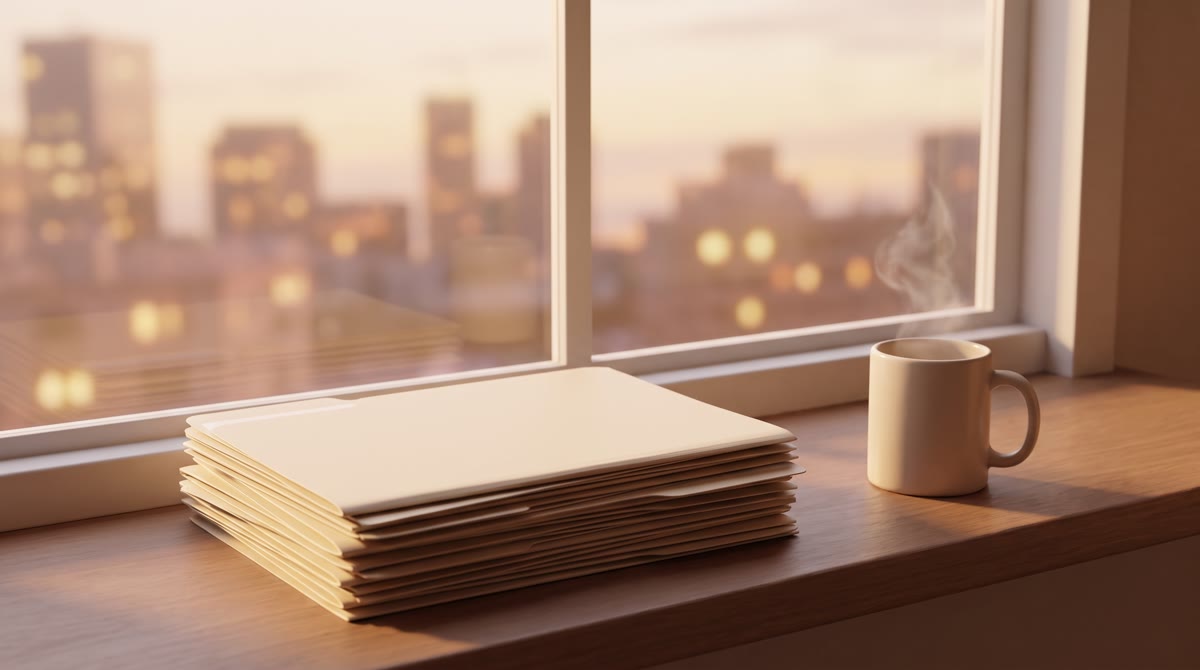 A stack of paper application folders on a wide office windowsill at dusk, city light behind them, a 