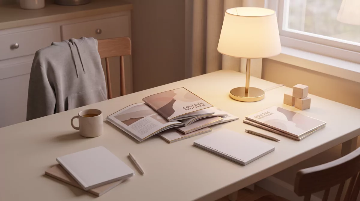 A quiet suburban kitchen table at dusk with a scattered stack of college brochures, a half-finished 