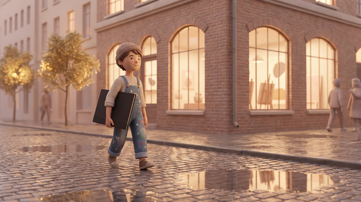 A student in paint-marked overalls carrying a large flat portfolio case across a rain-slick city str