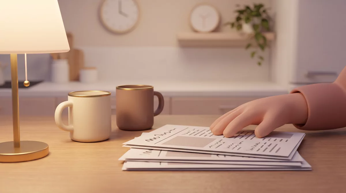 A kitchen table at night with two coffee mugs, a stack of printed pages showing abstract placeholder