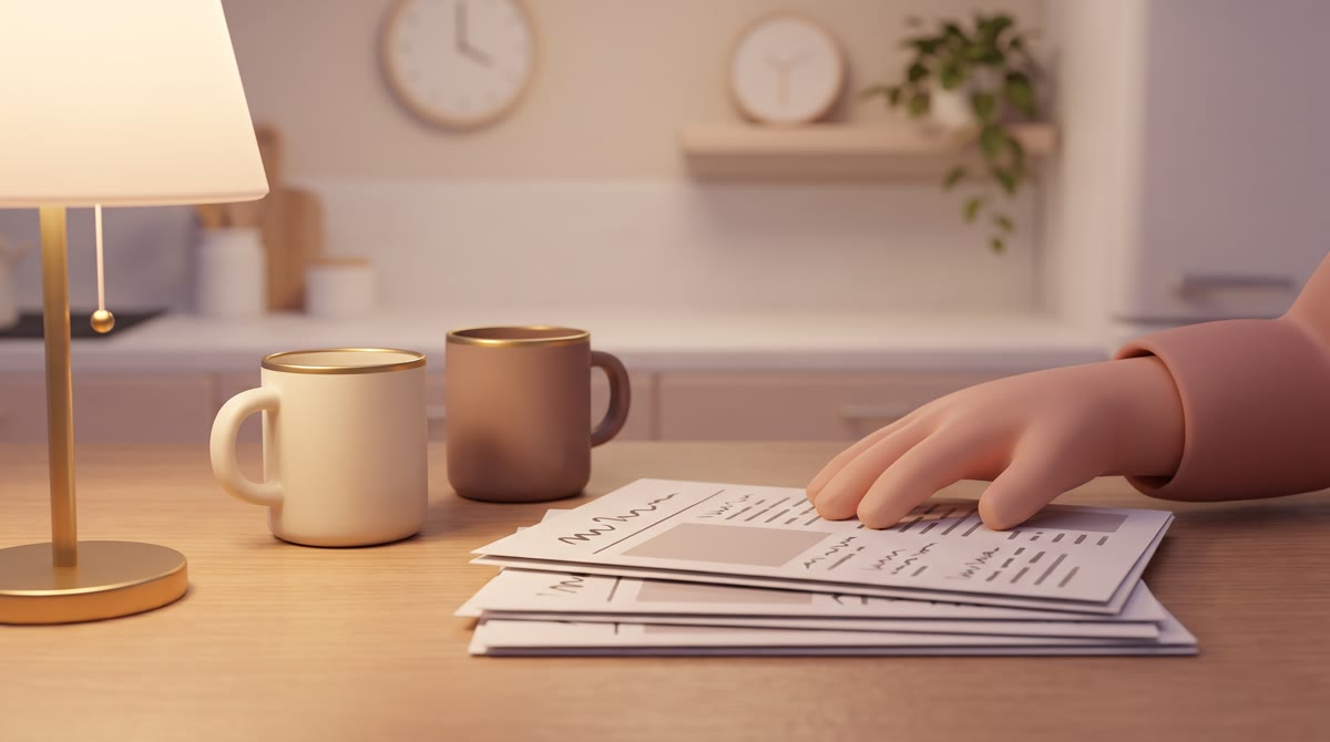A kitchen table at night with two coffee mugs, a stack of printed pages showing abstract placeholder