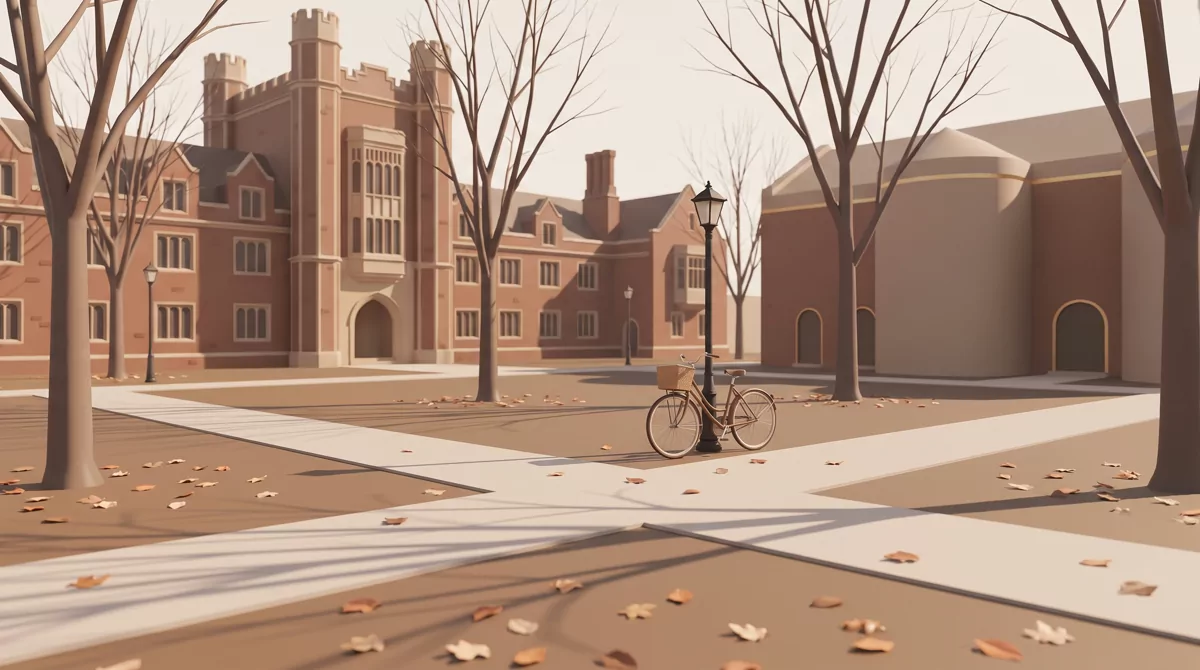An empty red-brick campus quadrangle in late autumn, bare trees, long shadows across crossing footpa
