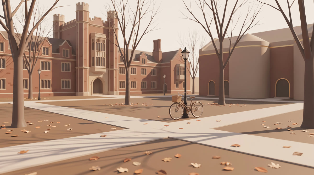 An empty red-brick campus quadrangle in late autumn, bare trees, long shadows across crossing footpa
