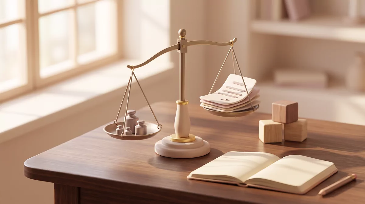 A brass balance scale with small weights on a dark walnut surface, warm side lighting, shallow depth