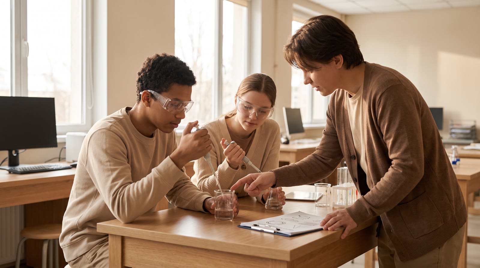 Two students working with a mentor at a lab bench, natural window light, warm neutral palette, no vi
