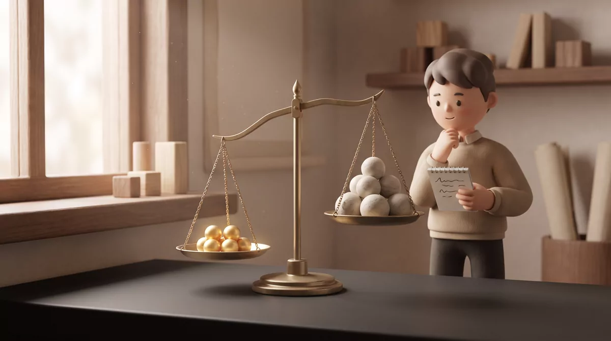 A brass balance scale on a dark matte surface, small gold spheres in one pan and pale stone spheres 