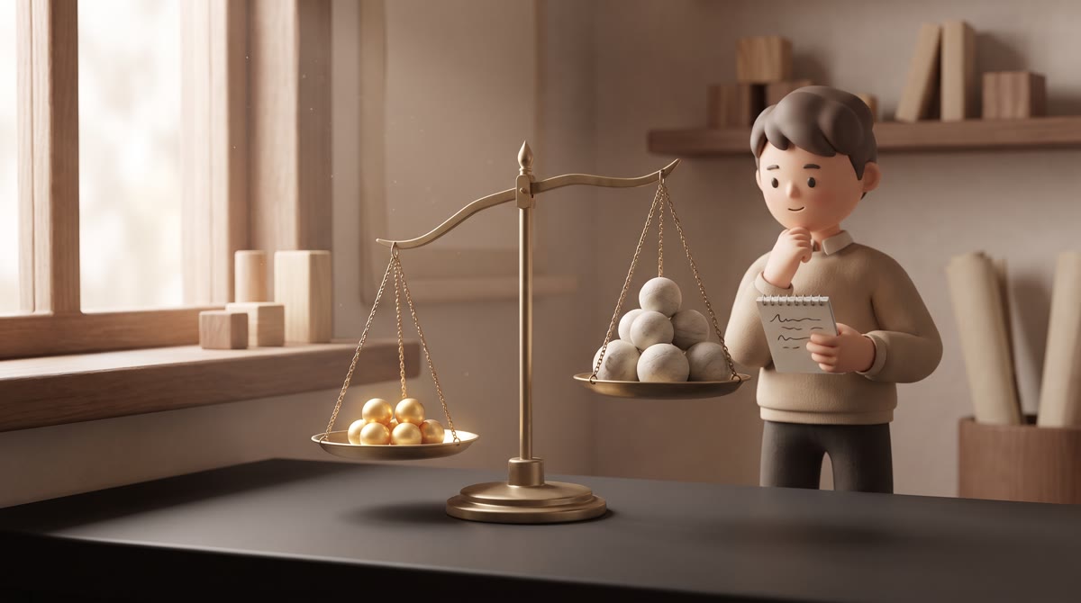 A brass balance scale on a dark matte surface, small gold spheres in one pan and pale stone spheres 