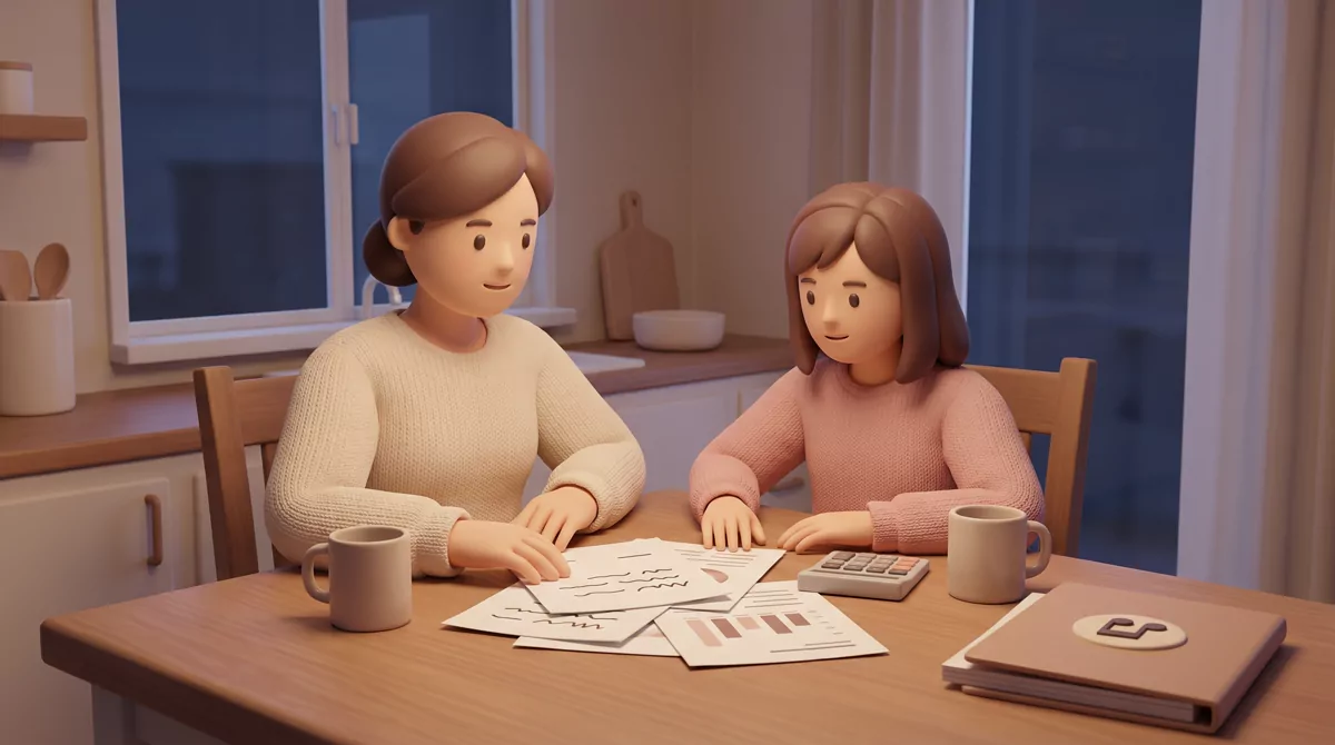 A parent and teenager at a kitchen table in evening light with a calculator, two mugs, and printed s