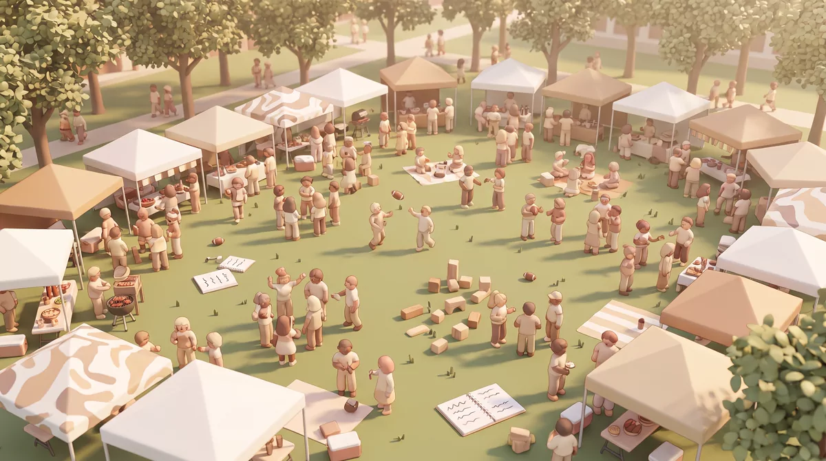Wide aerial view of a packed stadium tailgate on a tree-lined campus lawn, tents and crowds in warm 