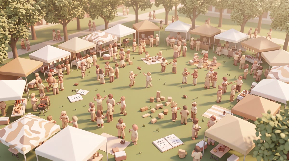 Wide aerial view of a packed stadium tailgate on a tree-lined campus lawn, tents and crowds in warm 