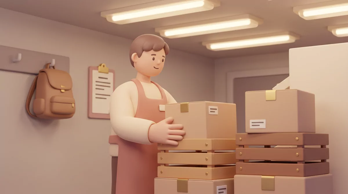 A teenager in a grocery store back room at closing time, stacking crates under fluorescent light, ap