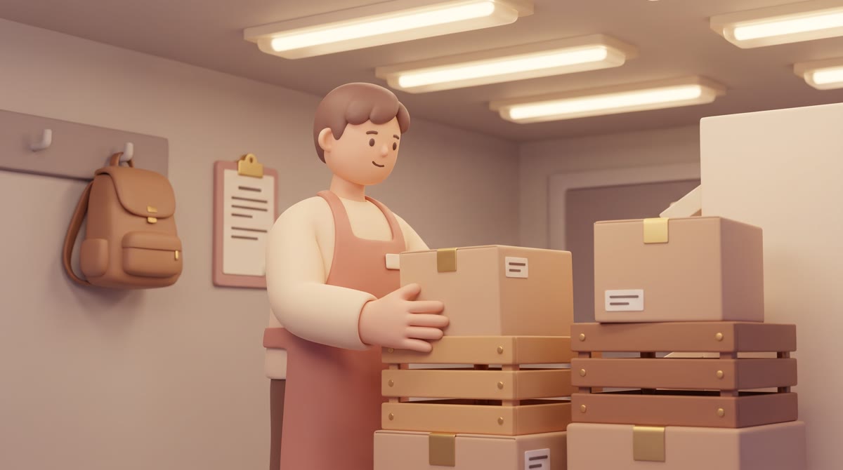 A teenager in a grocery store back room at closing time, stacking crates under fluorescent light, ap