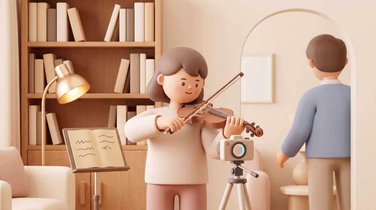 A violinist in a living room filmed by a small camera on a tripod, warm lamp light, bookshelves behi