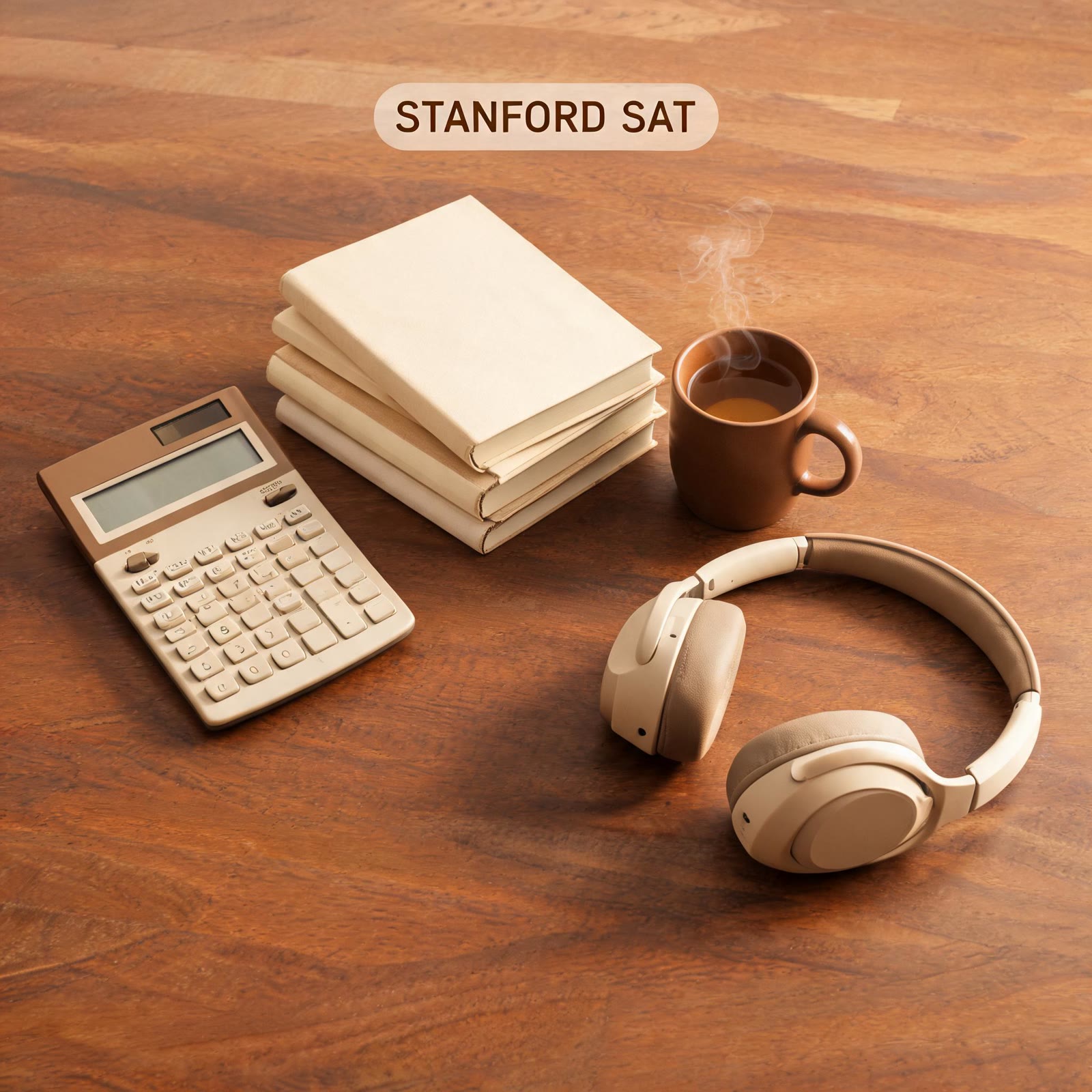 Overhead view of a study table with a scientific calculator, a stack of practice books with blank co