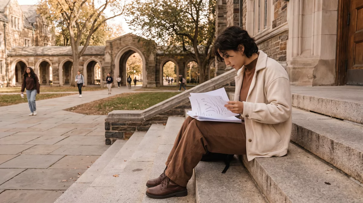 A student sitting on stone steps outdoors reviewing papers, a large academic quad behind them, warm 